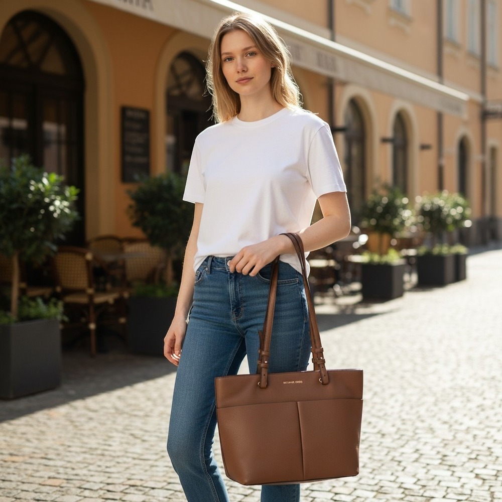 Michael Kors Bedford Medium Pebbled Leather‎ Pocket Tote Bag Acorn Brown Gold